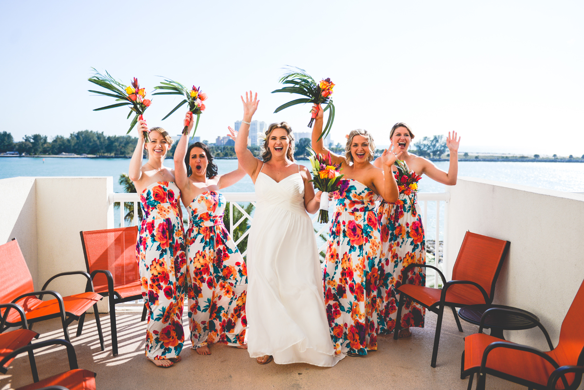 wedding, bride, bridesmaids, dresses, bouquet, tropical