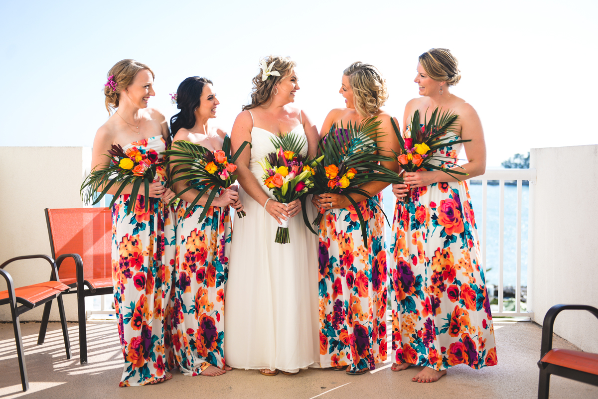 bridesmaids, bride, girlfriends, ocean, sky