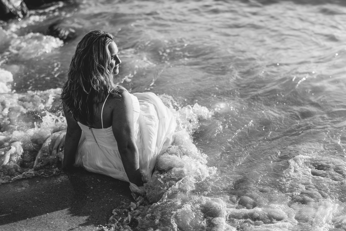 portrait, black and white, ocean, dress, wedding