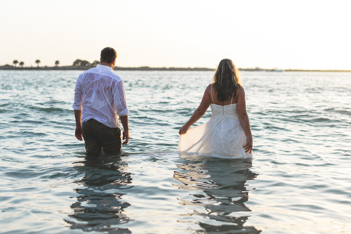 water, walking, ocean, sunset, bride, groom