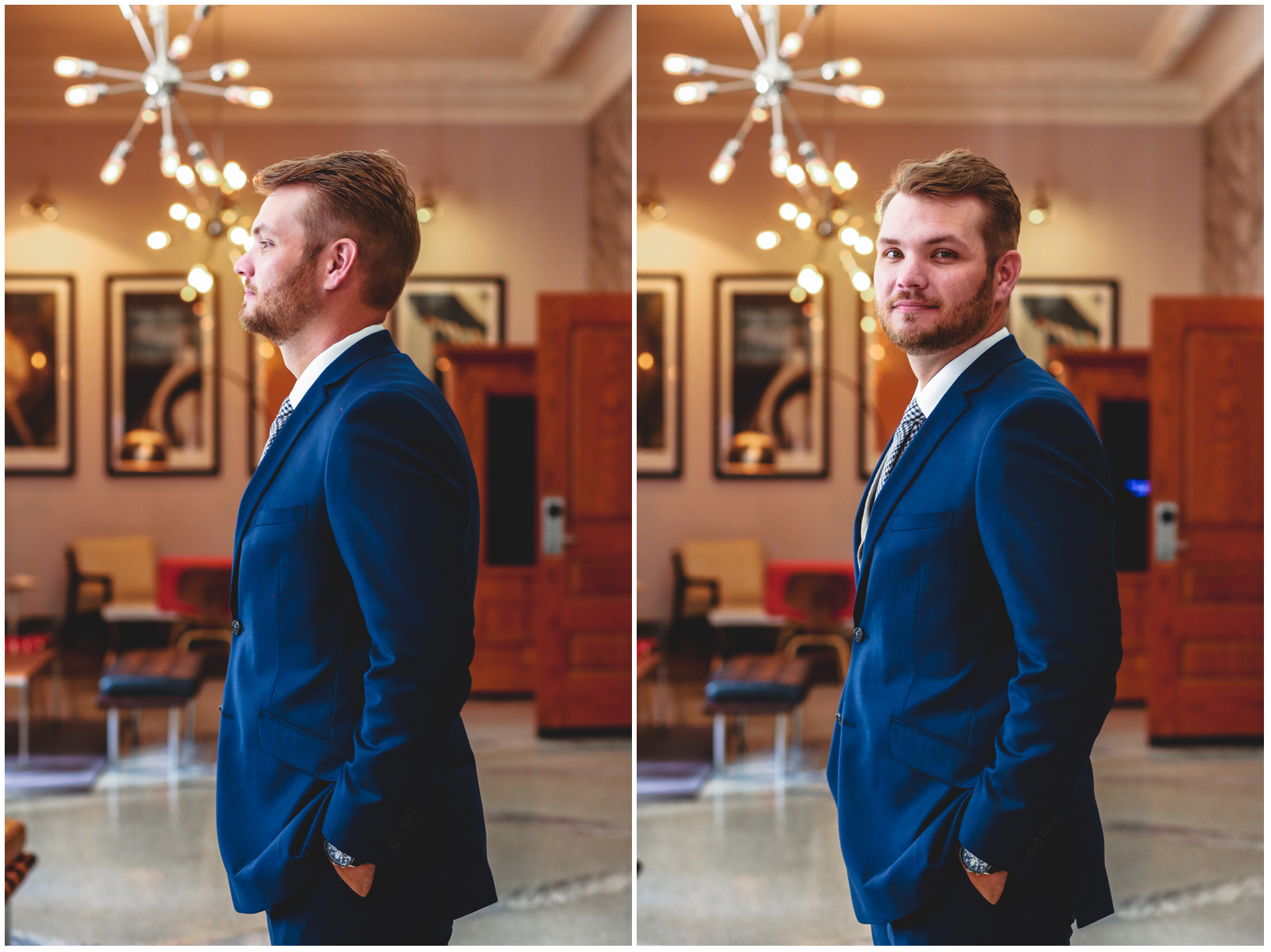 groom, portrait, wedding day, getting ready, lights