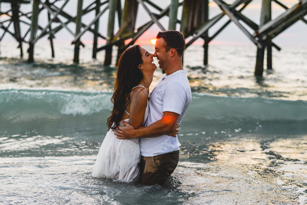 couple, laughing, ocean, pier, water, waves