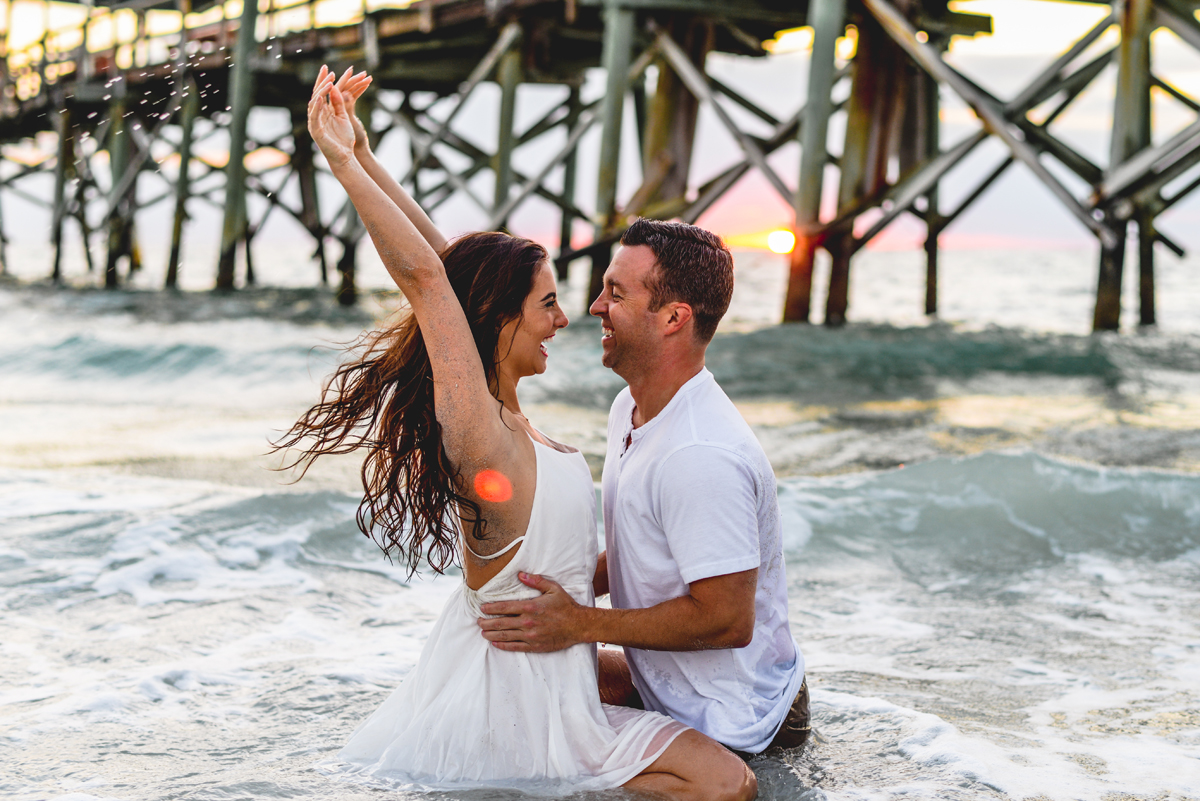 laughing, ocean, waves, couple, water, pier