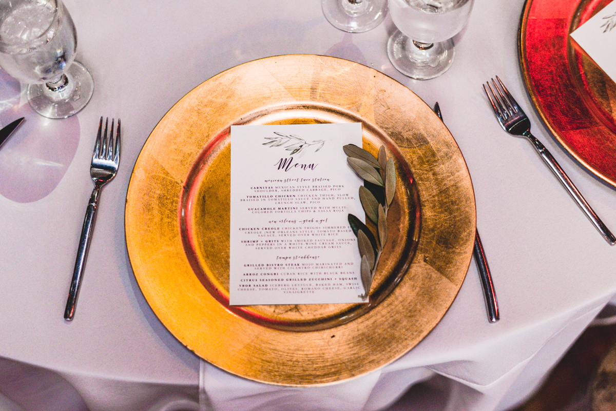 gold plate, menu, greenery, details