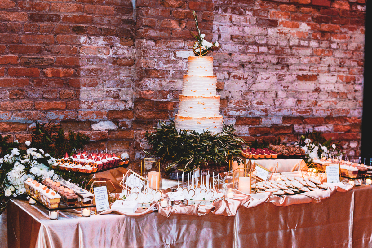 cake, desserts, greenery, napkins, wedding 