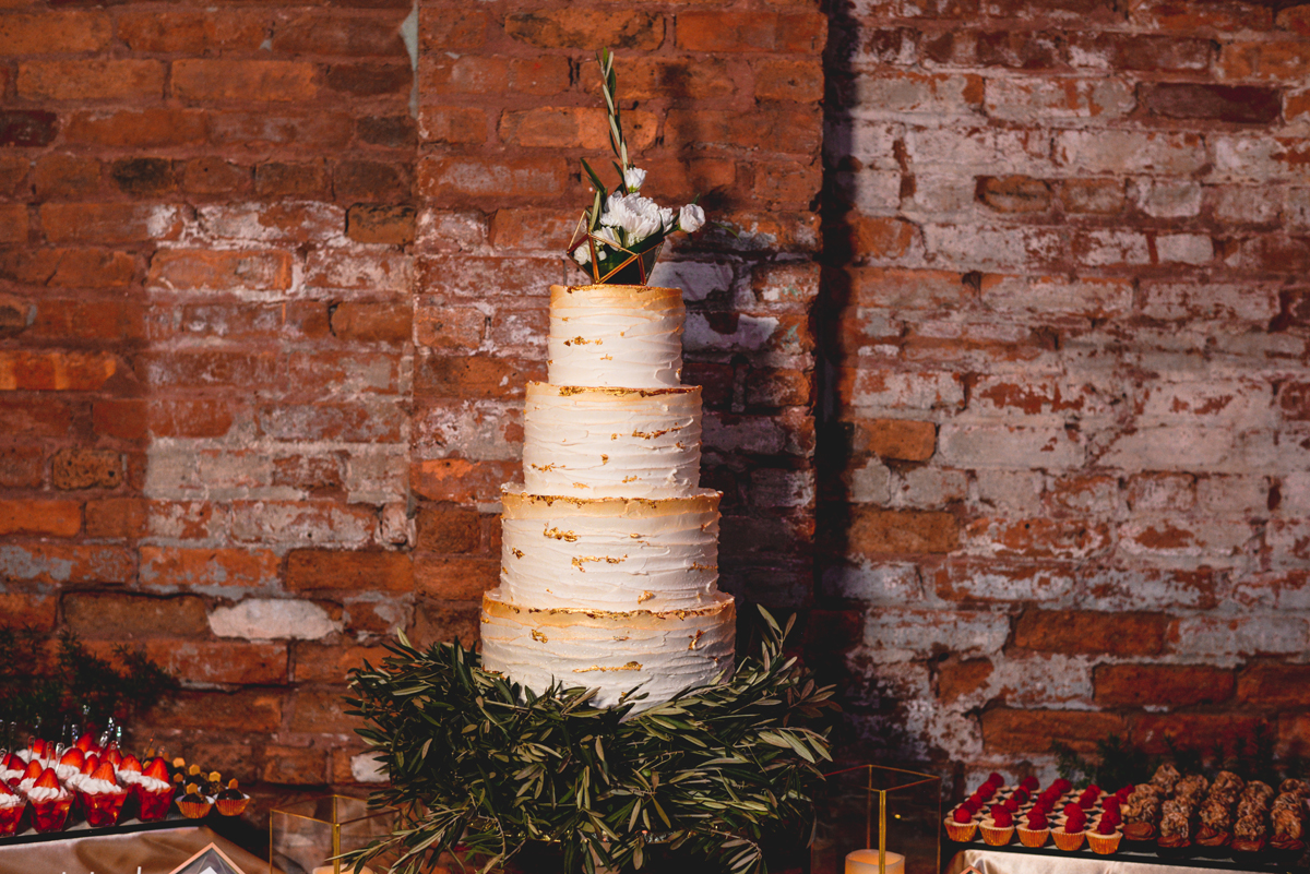 wedding, cake, gold, greenery, desserts