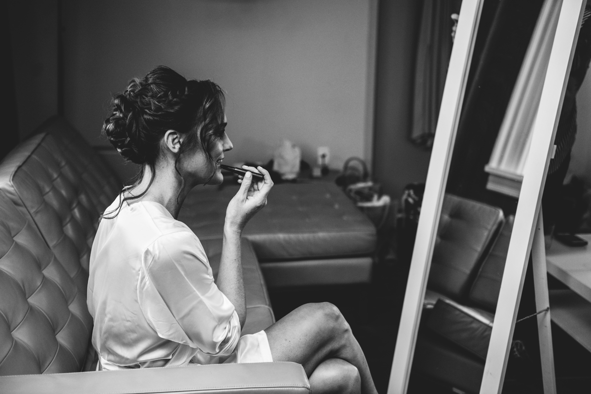 getting ready, bride, lipstick, mirror, black and white