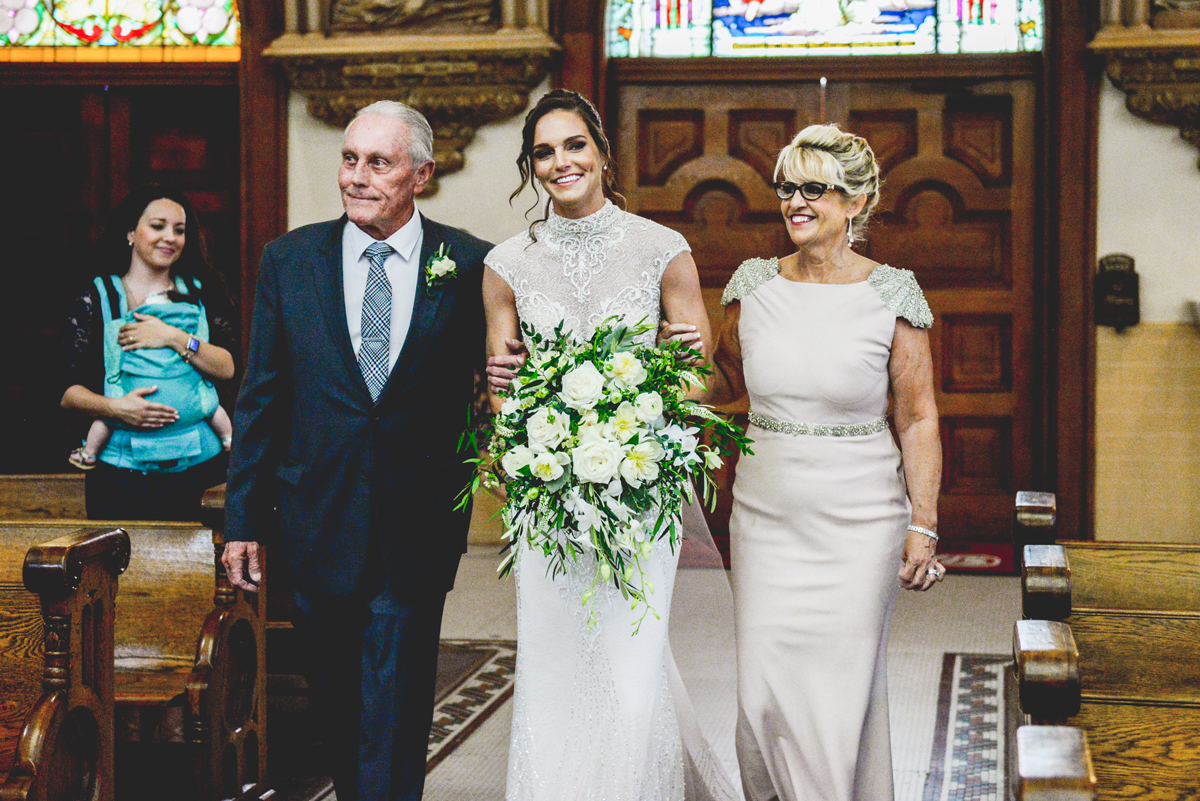 bride, parents, church, isle, wedding day, ceremony