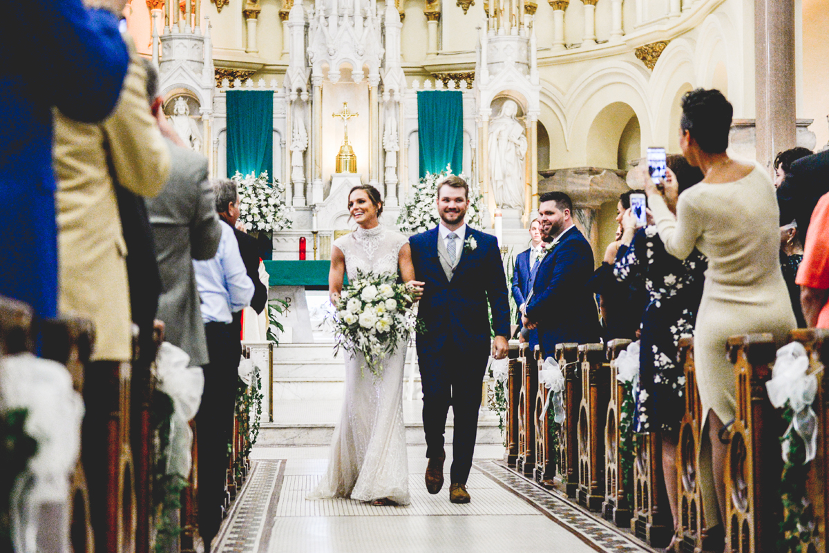 bride, groom, ceremony, church, walking, isle 