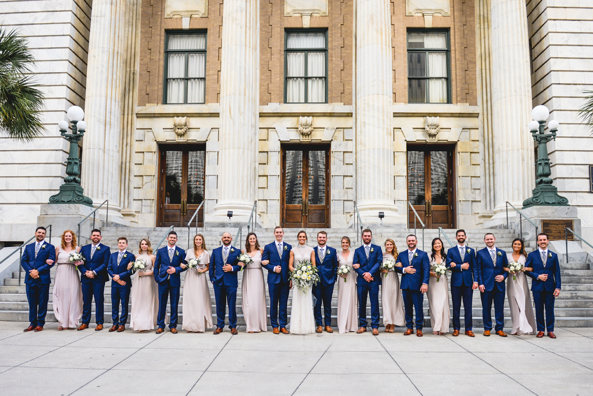 bridal party, friends, wedding day, group picture, marble, pillars 