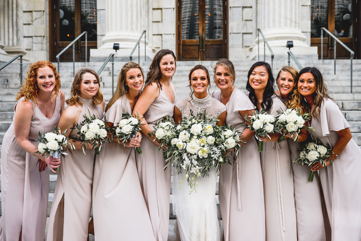 girls, friends, bridesmaids, wedding, flowers, steps