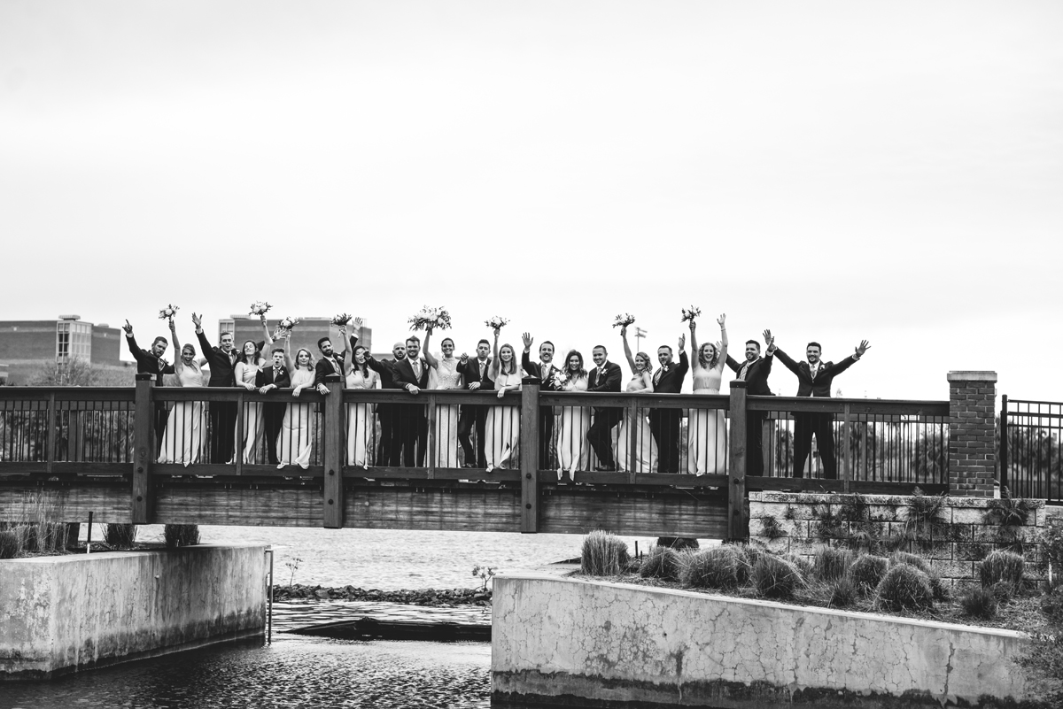 bridal party, bridge, celebrating, water, friends