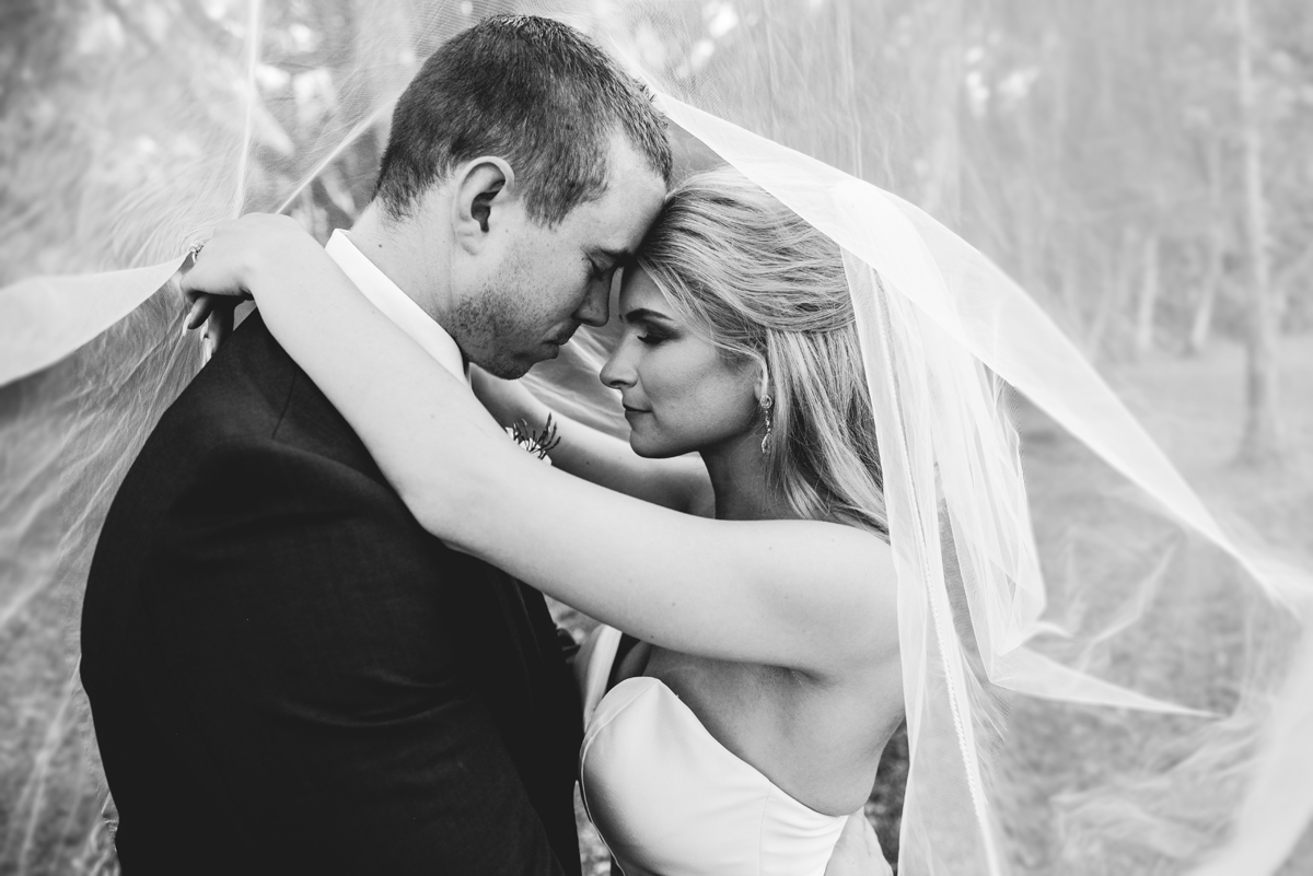 bride, groom, veil, black and white, portrait