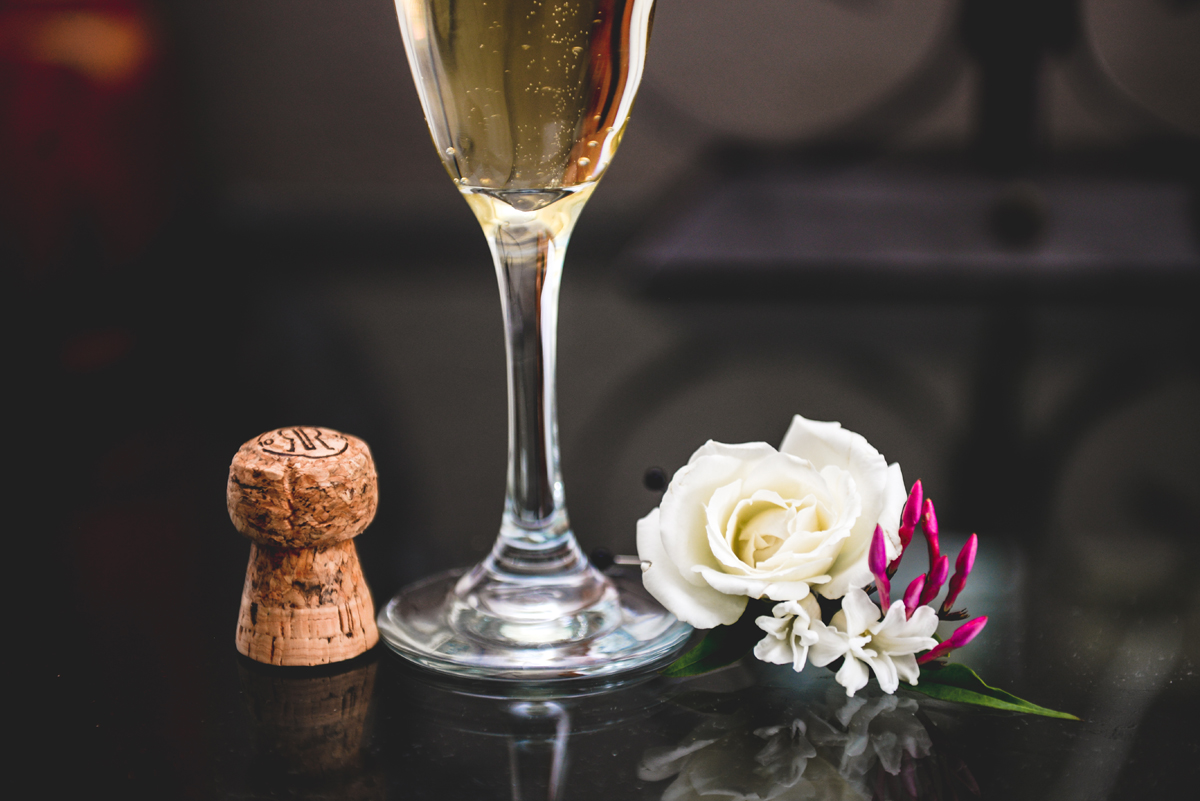 champagne, cork, flower, glass, reflection