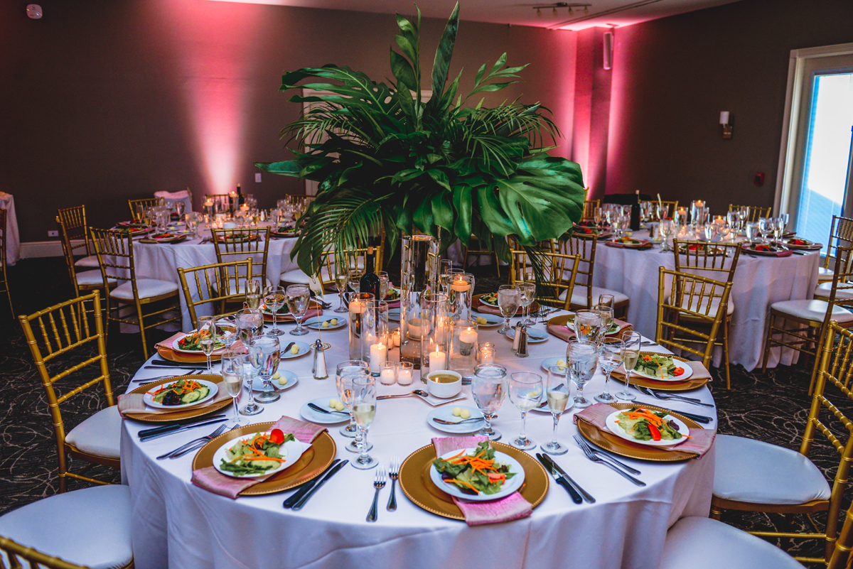 greenery, palms, wedding, reception, gold, candles