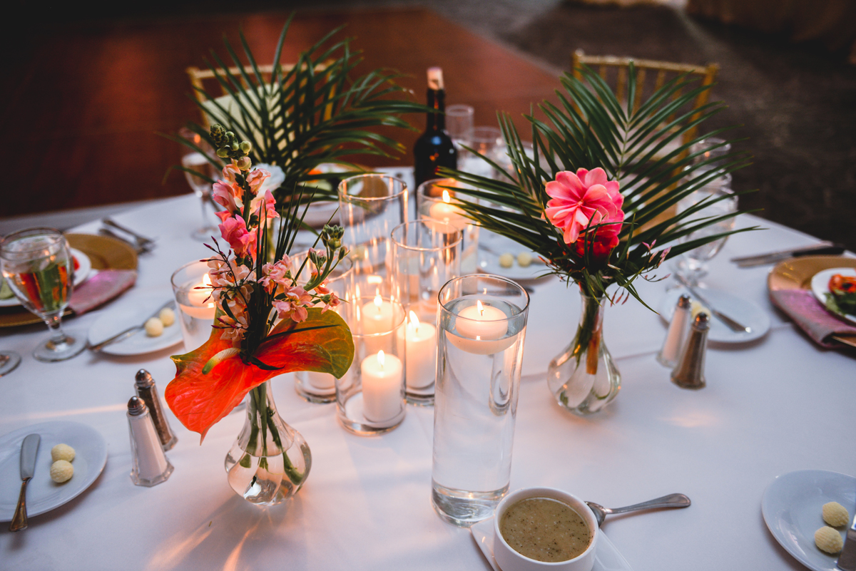 candles, table, palms, flowers