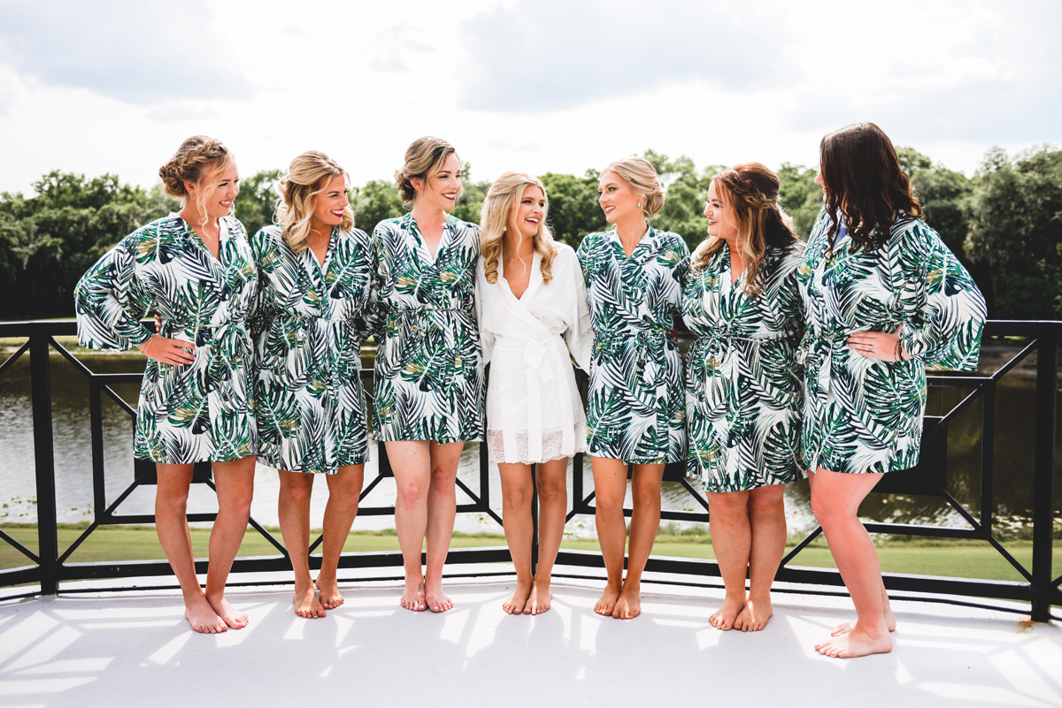 girl friends, bride, wedding, robes, lake, greenery