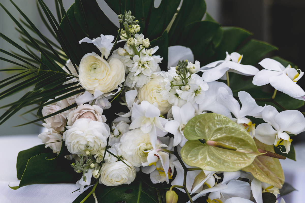 bouquet, flowers, palms, greenery, table