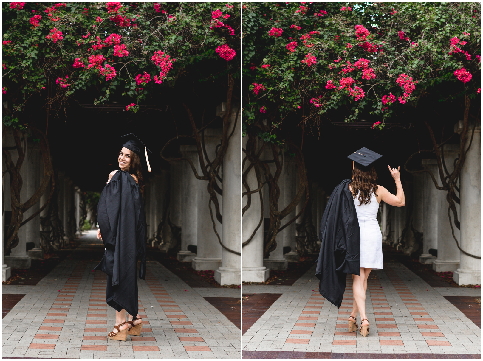 graduation, pillars, black, pink, flowers