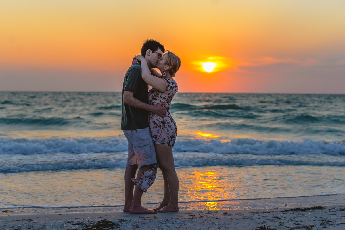 sunset, ocean, waves, kissing, couple