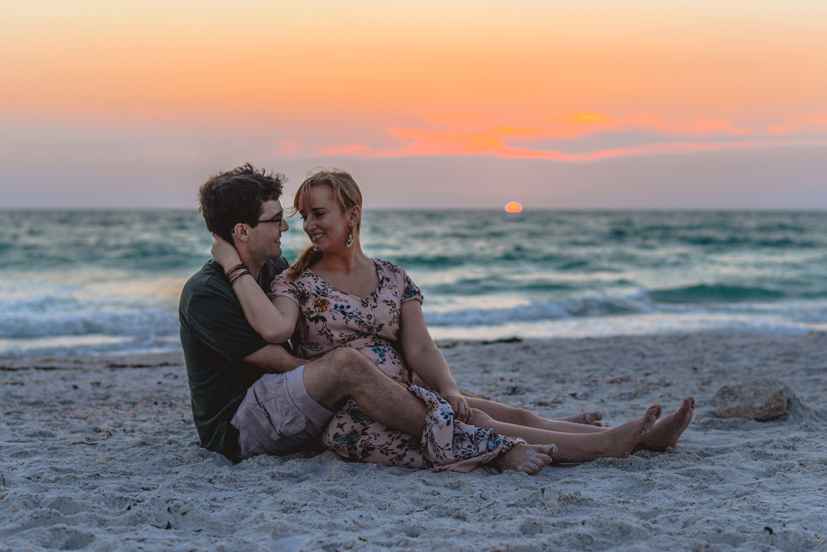 sitting, beach, couple, sun, sky