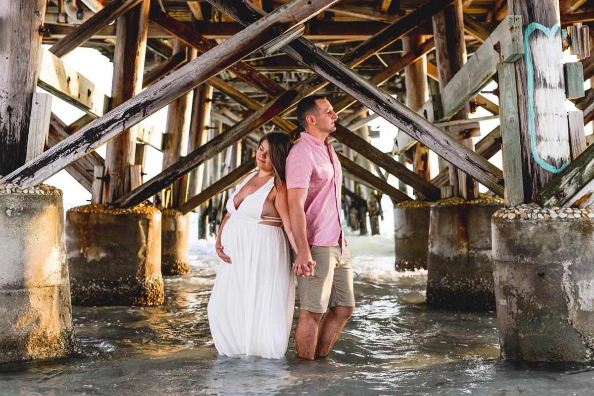 ocean, water, pier, couple, maternity