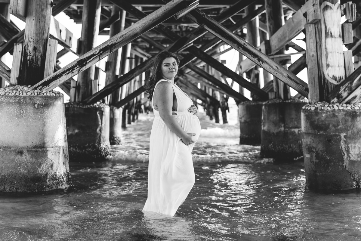 black and white, ocean, water, pier, maternity 