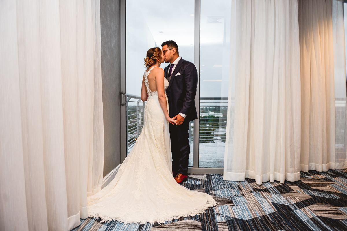 wedding, hotel, city, kissing, bride, groom