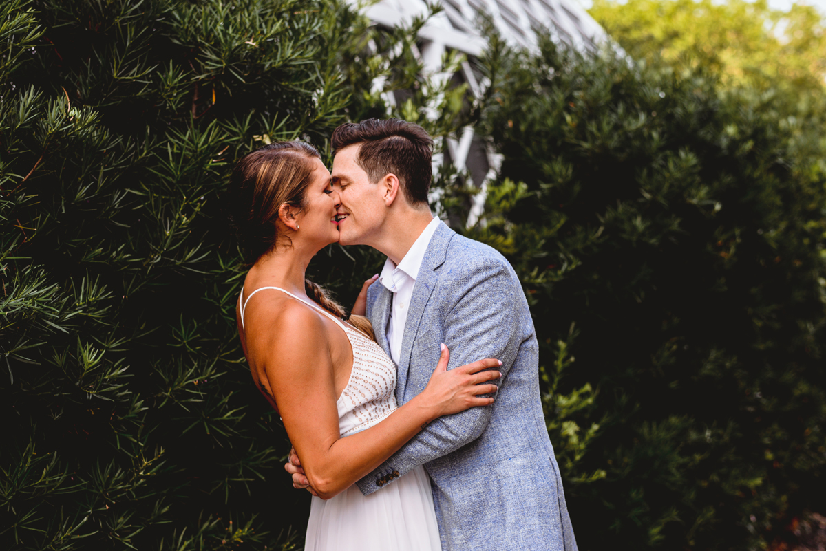 couple, greenery, kissing, love, laughing