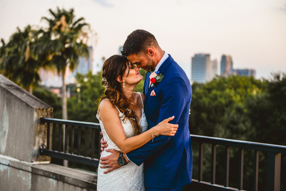 palm trees, skyline, hugging, bride, groom