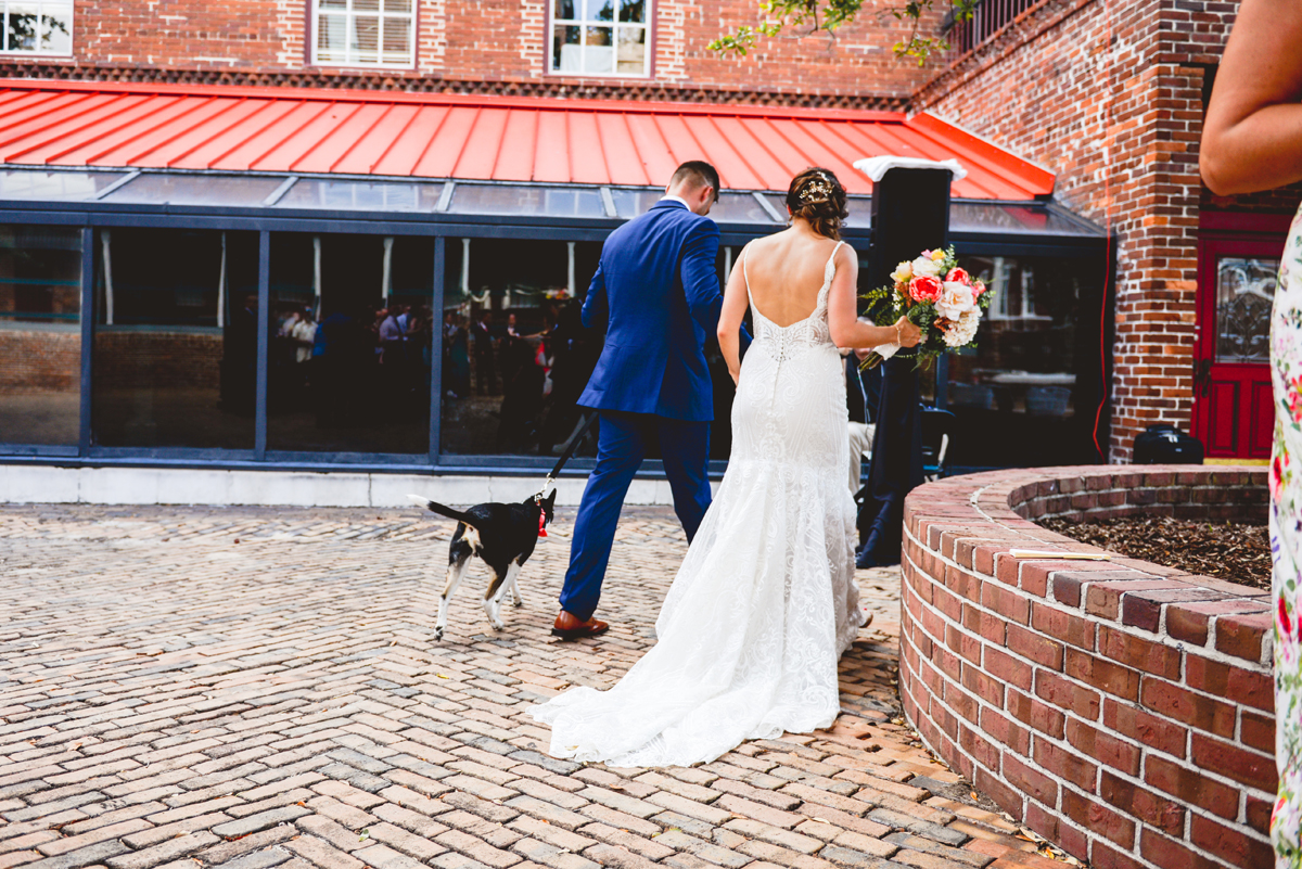 walking, isle, bride, groom, dog