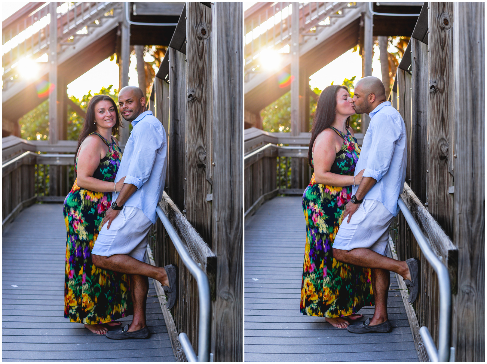 sunset, boardwalk, stairs, wood, couple