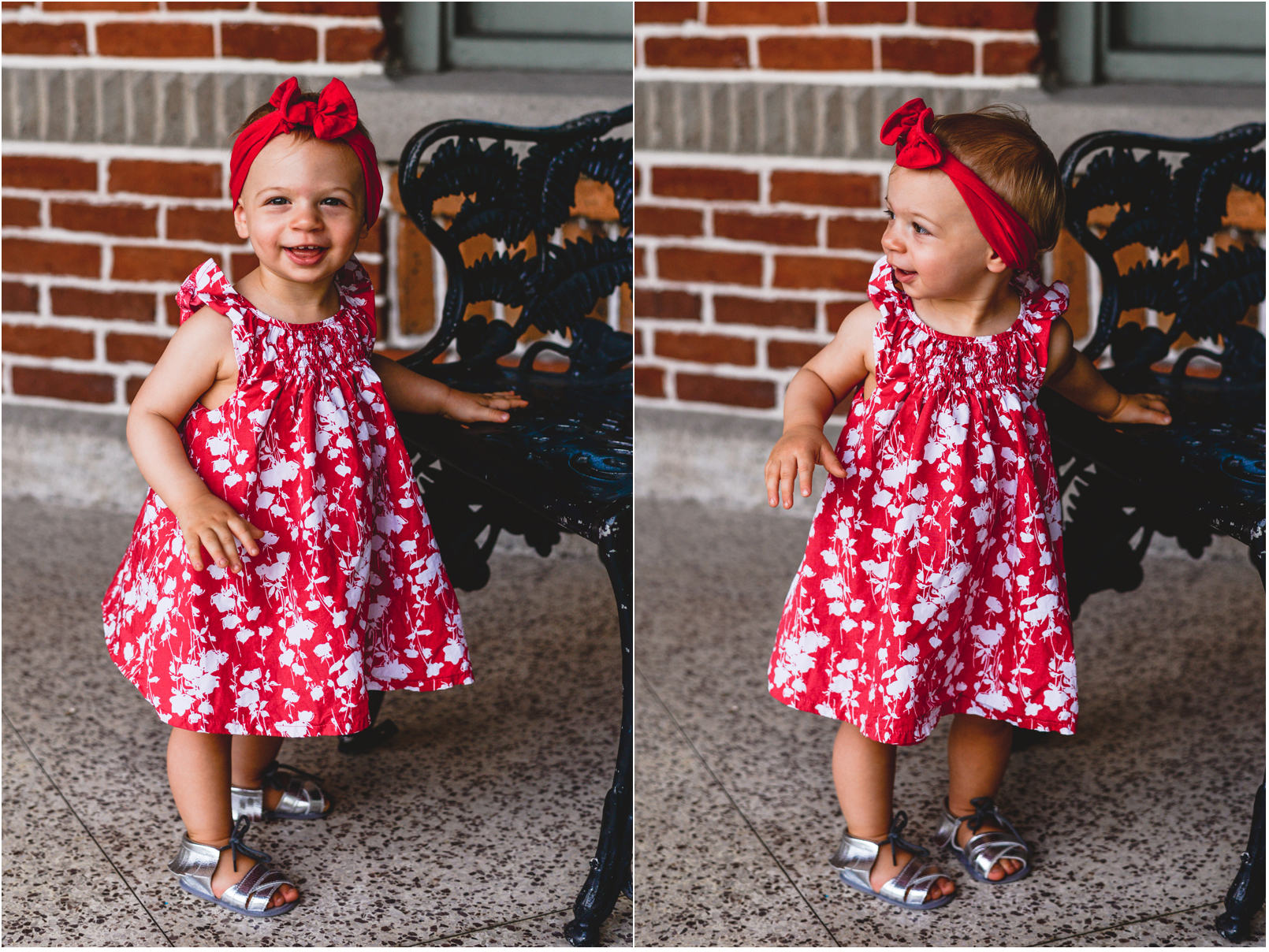 baby, girl, red dress, bowtie, chair, brick