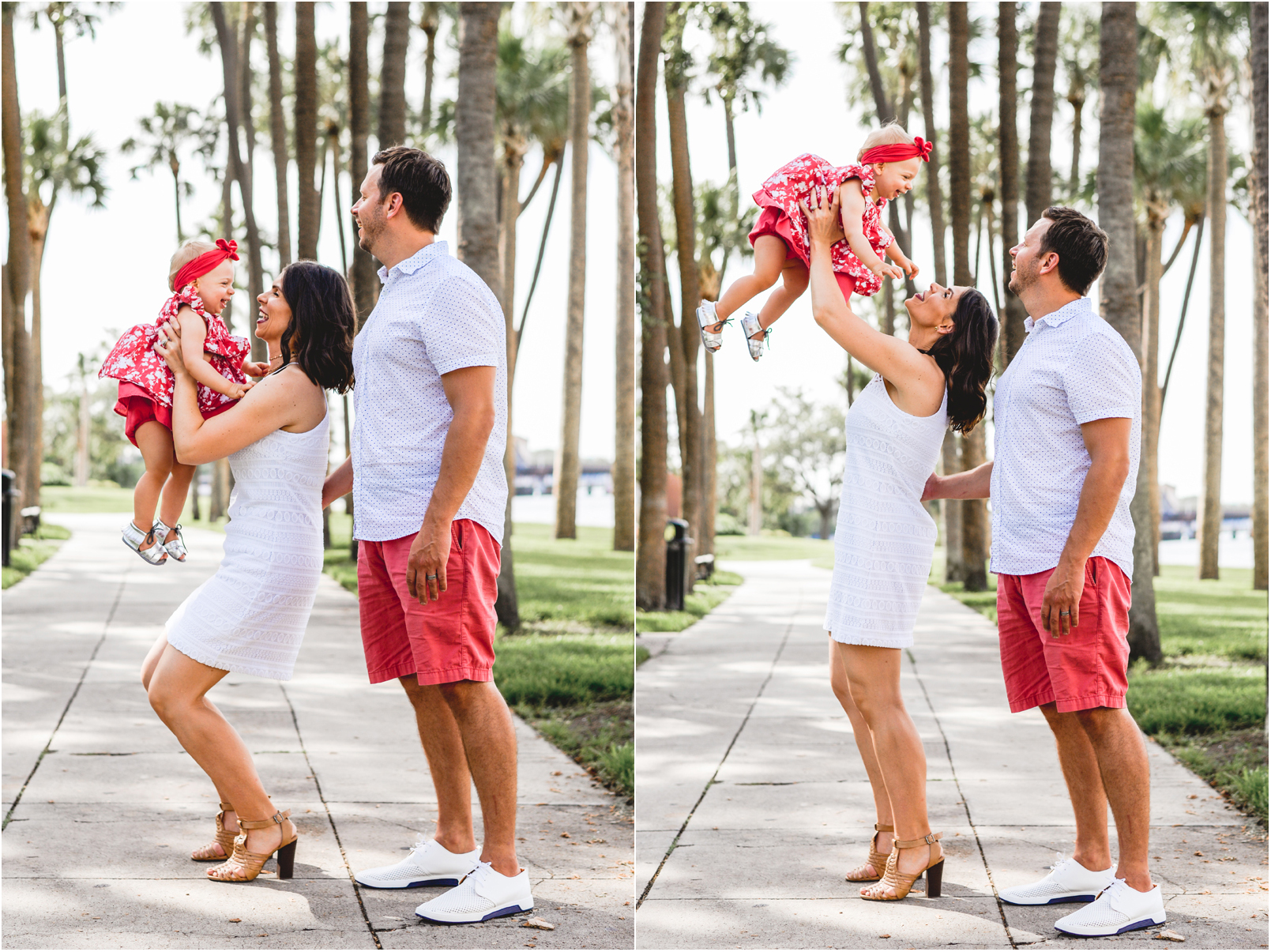 family, sidewalk, trees, baby, red