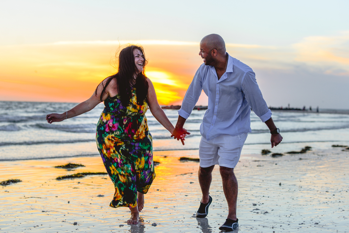 running, laughing, water, ocean, sunset