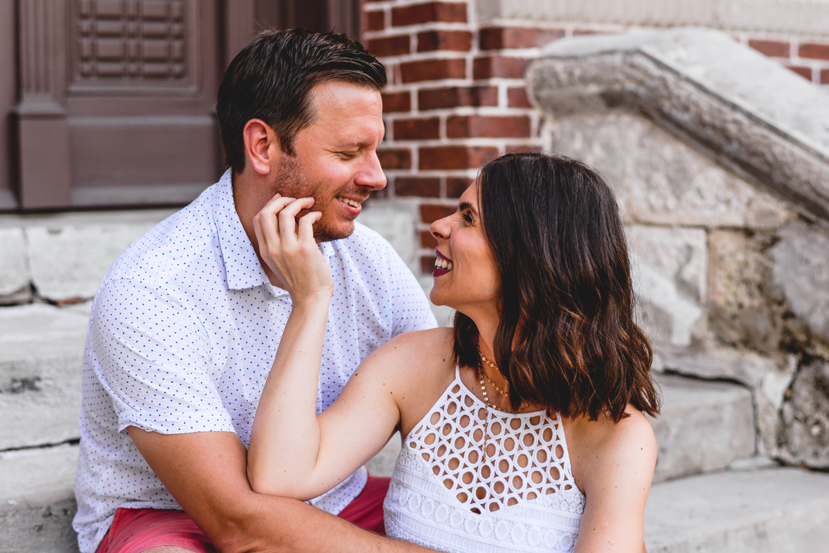 husband, wife, brick, stairs, couple, laughing