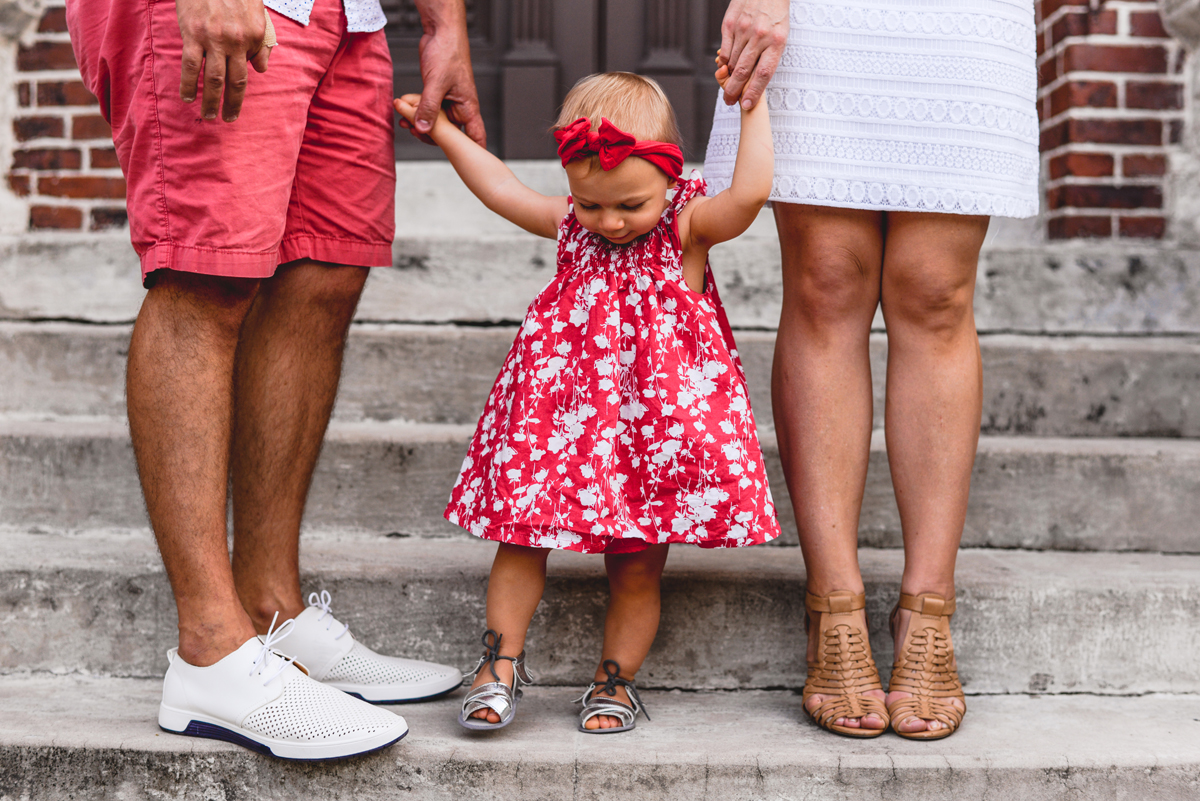 steps, brick, red, family, holding hands