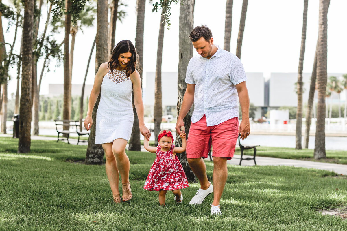 family, park, waking, holding hands, water