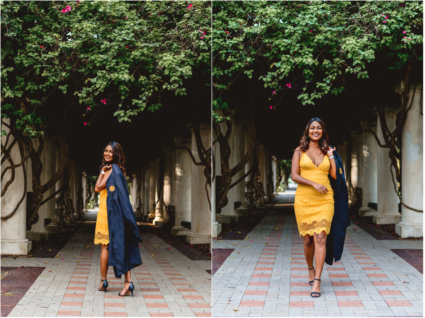 walking, pillars, walkway, yellow, portrait