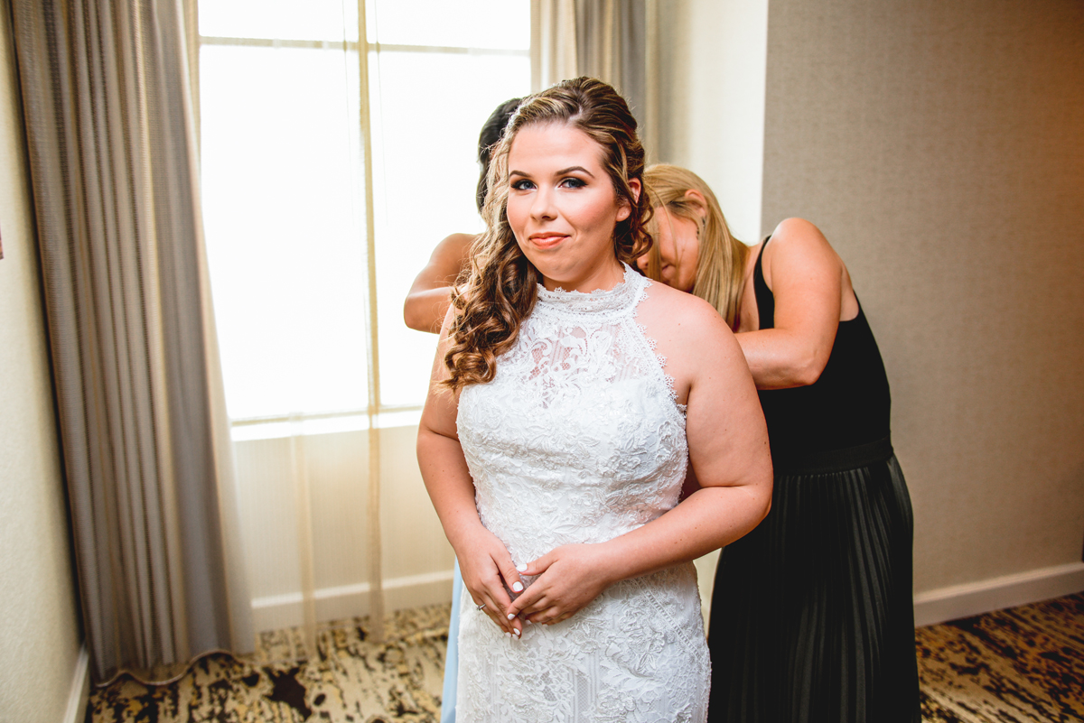 portrait, bride, getting ready, wedding dress